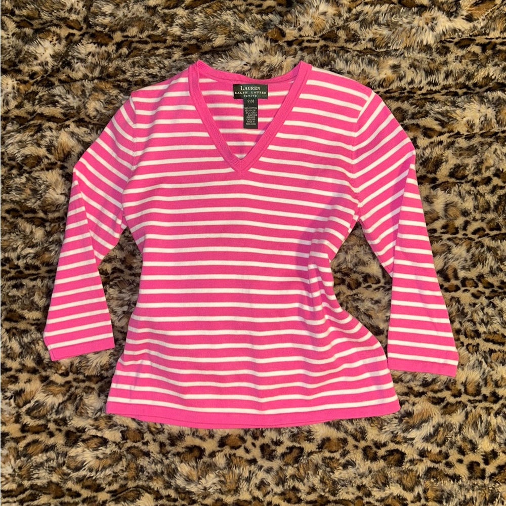 Ralph Lauren Pink and White Striped V-Neck Sweater